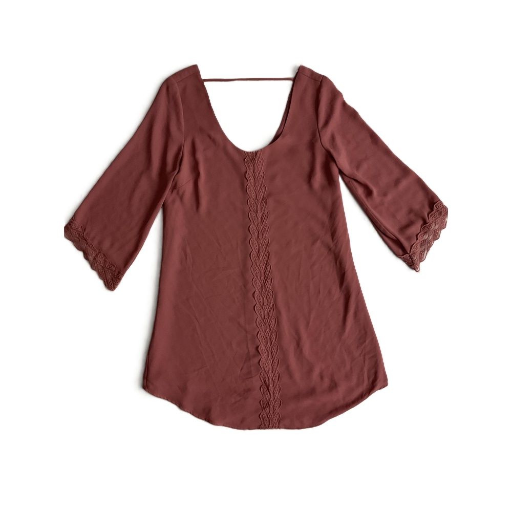 ASTR The Label Mauve 3/4 Sleeve Scoop Neck Lace Trim Dress Boho Womens